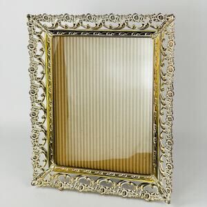 Gold White Metal Filagree Picture Frame 8 x 10; Frame 12 1/4 x 10 1/4